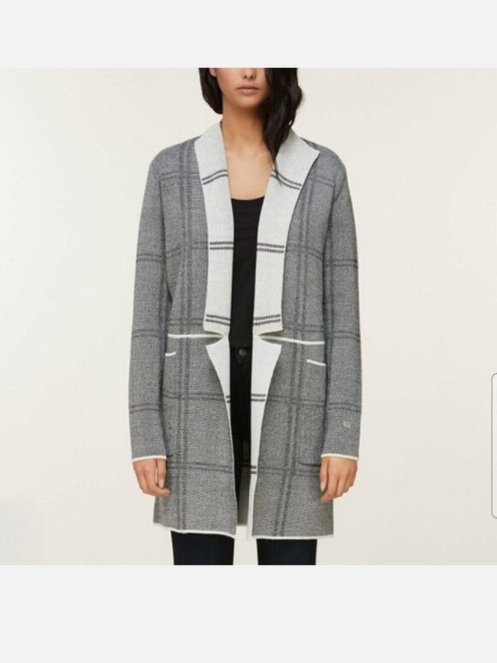 Soia & Kyo Benela Wool Blend Knit Long Cardigan Coat Duster Sz S Grey plaid